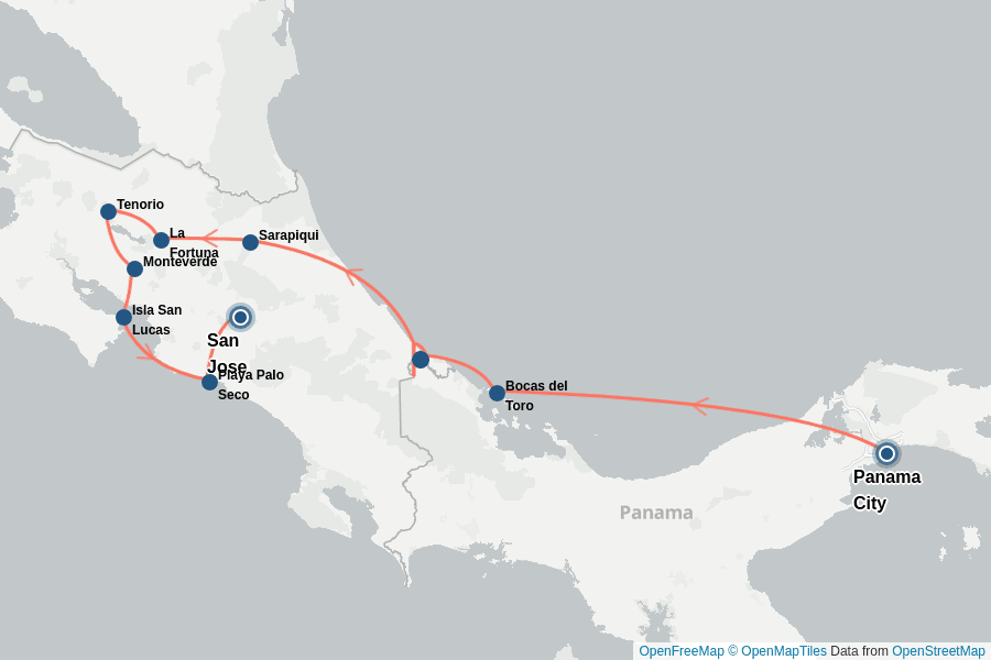 Itinerary Map image for Costa Rica & Panama